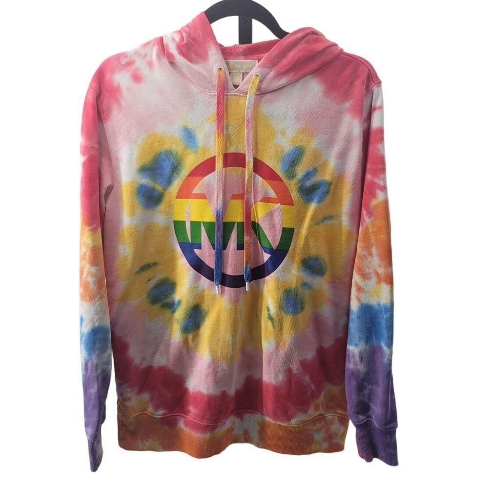 Michael Kors Tie Dye Hoodie Rainbow Pride Sweatshirt Small Oversized Logo Cozy